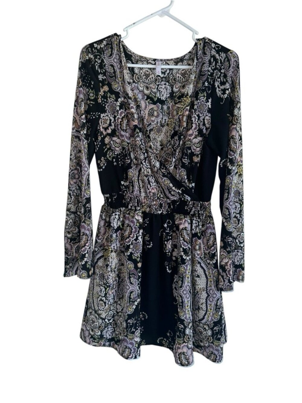 Xhilaration V Neck Babydoll Mini Dress Sz M Black Floral Boho Whimsygoth Indie
